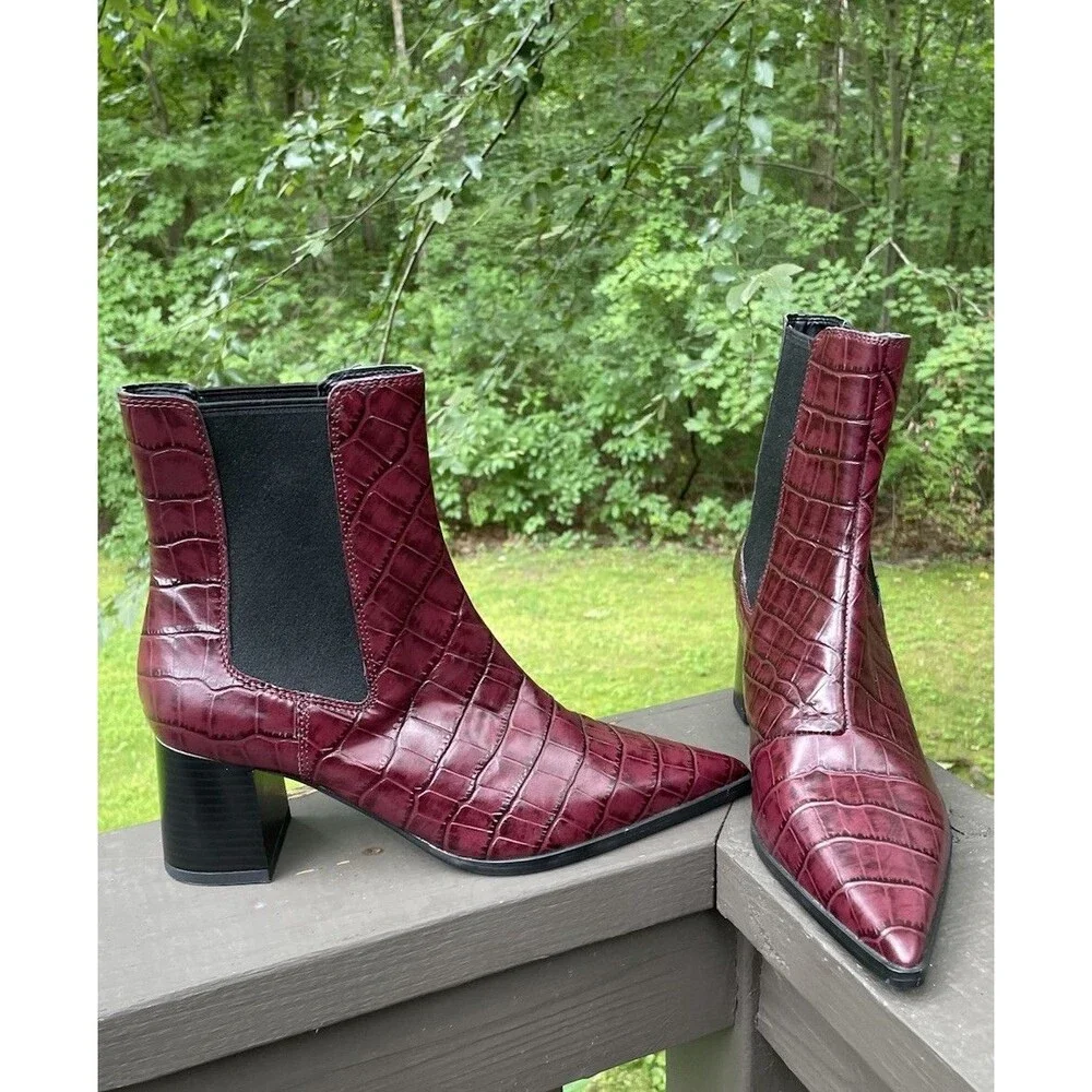 Mob Wife Burgundy Croc Leather Chelsea Boots M&S Insolia Block Heel Size 6